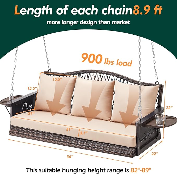 Upgraded Wicker Hanging Porch Swing Heavy Duty 900lbs 3-Seat Outdoor Patio Swing Chair Bench for Adult w/ 8.9ft Hanging Chains Cushions and Cup Holder zzw