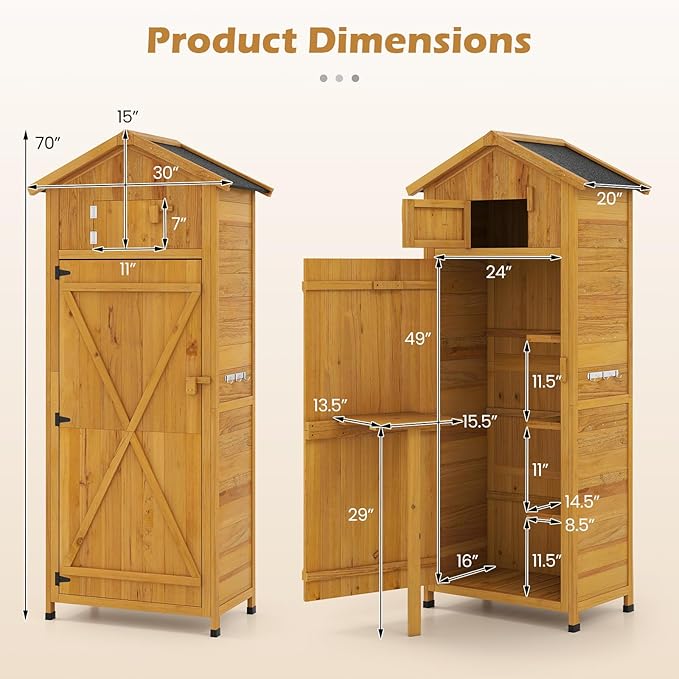 Goplus All-in-One Storage Shed, 70" Tall Wooden Lockable Cabinet w/Foldable Work Table, Vertical Utility Tool Organizer w/Shelves & Hooks, Waterproof Garden Shed for Patio Backyard (Natural) Goplus