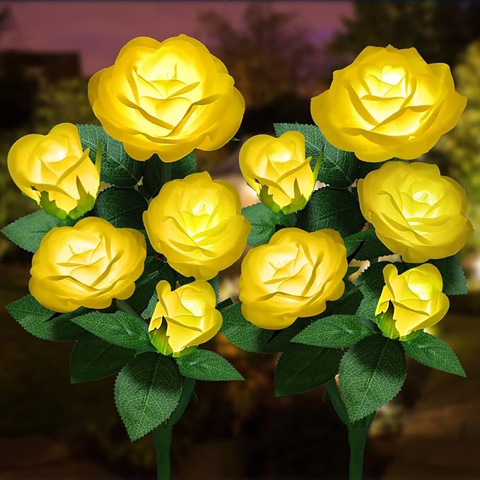 Solar Flower Lights Outdoor - Upgraded New Material Two Modes Realistic LED Solar Powered Waterproof Lights with 5 Roses, Solar Decorative Stake Lights for Garden (Yellow, 2 Pack) LightYourLife