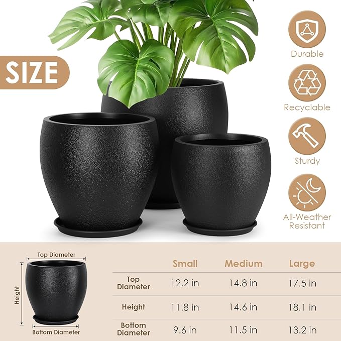 Plant Pots 17.5/14.8/12.2 inch Set of 3, Flower Pots with Drainage Holes, Large Planters for Indoor Outdoor Garden Plants and Flowers. (Black) AFamilyofGardenLovers