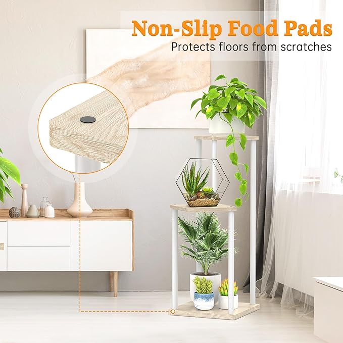 3 Tier Plant Stand Indoor Outdoor, Metal Wood Tiered Corner Plant Stands Pot Holder, Wood Flower Shelf Orchid Display Rack for Living Room Bedroom Balcony Garden Patio, Modern White Oppro