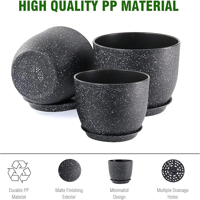 Plant Pots 10/9/8 inch, Set of 3 Modern Decorative Plastic Planters with Drainage Holes and Saucers for Garden House Plants, Flower Pots for Indoor Outdoor Plants, Speckled Black WSMKSZ