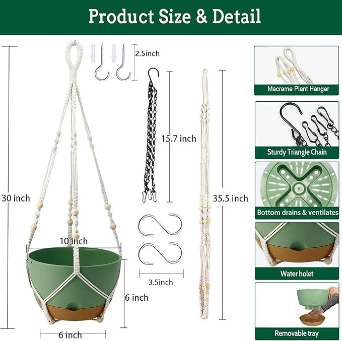Hanging Planter Self Watering 10 Inch, 2 Pack Indoor Outdoor Hanging Baskets, Hanging Flower Pots with Drainage Hole & 2 Kinds of Plant Hangers for Garden Home Decor(Green)… Koalaime