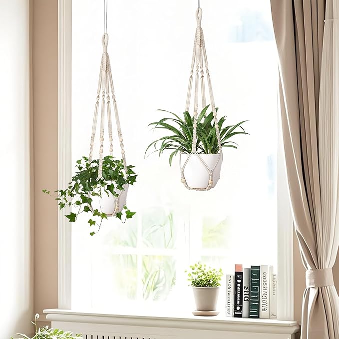 Macrame Plant Hanger Indoor Set of 2 with 4 Hooks, Indoor Outdoor Hanging Planter for Plants Holder with Decorative Wood Beads & No Tassels, Boho Home Decor, 35 Inch Ivory (Pots Not Included) Rootora