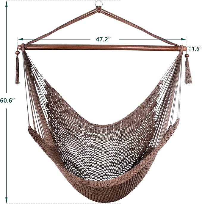 Caribbean Hammock Swing Chair with Spreader Bar, Large Hammock Chair, Hand Craft Rope Hanging Chair Outdoor, Indoor, Bedroom, 330 LBS Weight Capacity, Dark Brown Bathonly