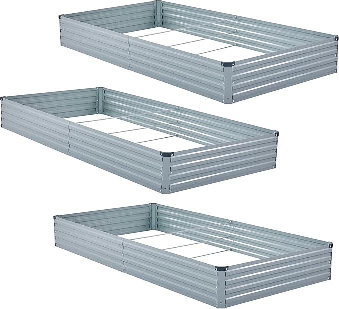 3 Pack 6x3x1FT Galvanized Raised Garden Bed Kit, Outdoor Metal Planter Box for Vegetables, Bottomless Rectangular Gardening Bed with Support Rods, Tool-Free Assembly, Gray Meberam