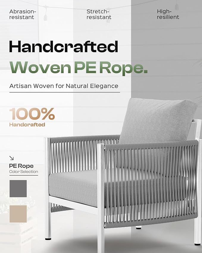 Aluminum Outdoor Patio Couch Loveseat, HDPE Rope Patio Sofa with Washable Thick Cushion, All-Weather Patio Furniture for Balcony, Yard, Silver Frame, Silver Oasbira