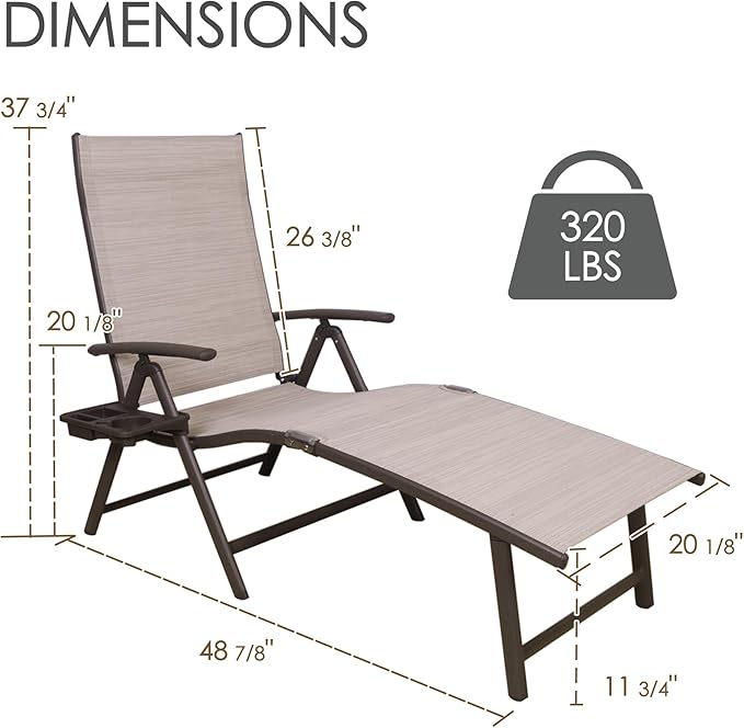 Kozyard Cozy Aluminum Reclining Lounge Chair - Perfect for Beach, Yard, Pool, and Patio Outdoor Chaise Lounge with Drink Holder, Weather Free Adjustable Assemble Free Beige Strip Kozyard