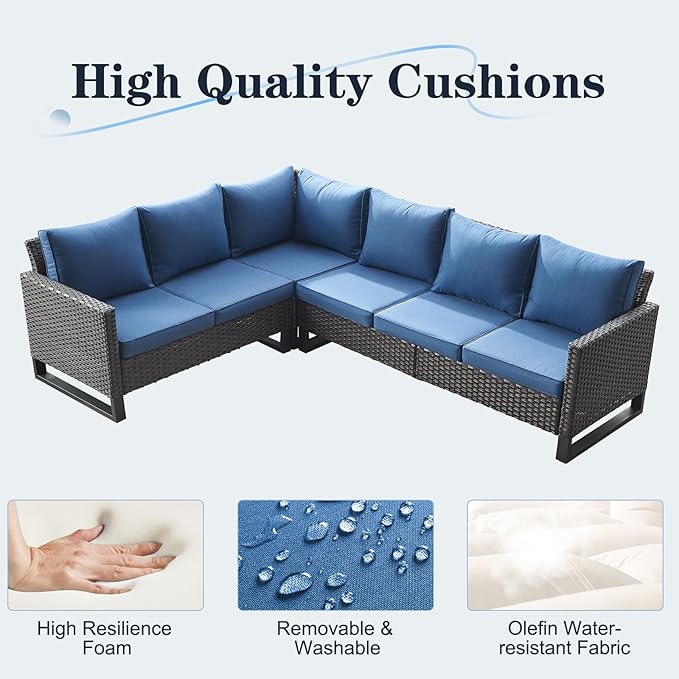 Belord Outdoor Sectional Sofa 6 Seater L Shaped Couch Wicker Patio Conversation Furniture Set Rattan Outdoor Furniture with Removable Washable Cushion, Brown/Blue Belord
