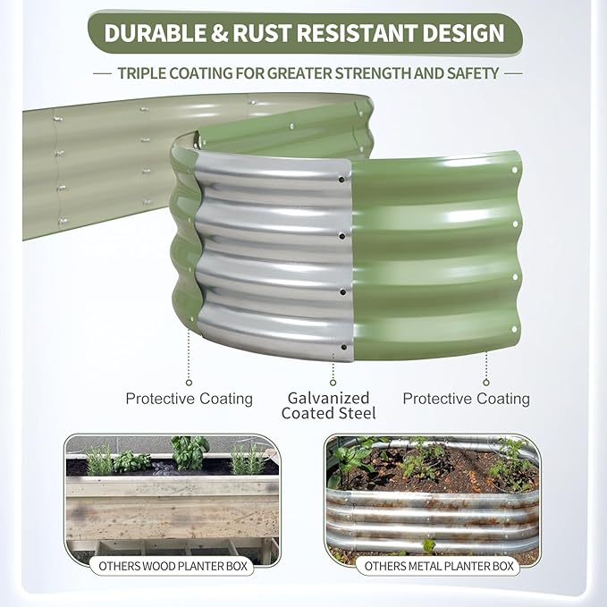 Galvanized Raised Garden Bed - 8x2x1FT Metal Planter Boxes Outdoor | Oval Steel Raised Bed Kit for Gardening with Protective Tape, Bracing Rods, Gloves for Vegetables, Flower, Herb (Green) Permade
