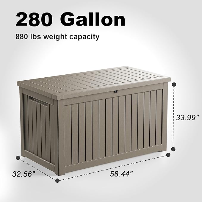280 Gallon Outdoor Storage Box, Large Resin Deck Box for Patio Cushions, Garden Tools, Pool Accessories, Waterproof and Lockable Design, Storage Bench for Backyard & Deck(Gray) Rootora