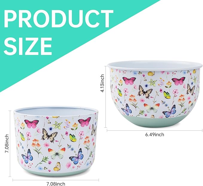 Butterfly & Bee Metal Planters Set of 2 – Decorative Flower Pots with Colorful Garden Prints, Outdoor & Indoor Use Cute Spring Floral Design for Patio, Balcony, Home Decor (Butterfly) JointHonglin