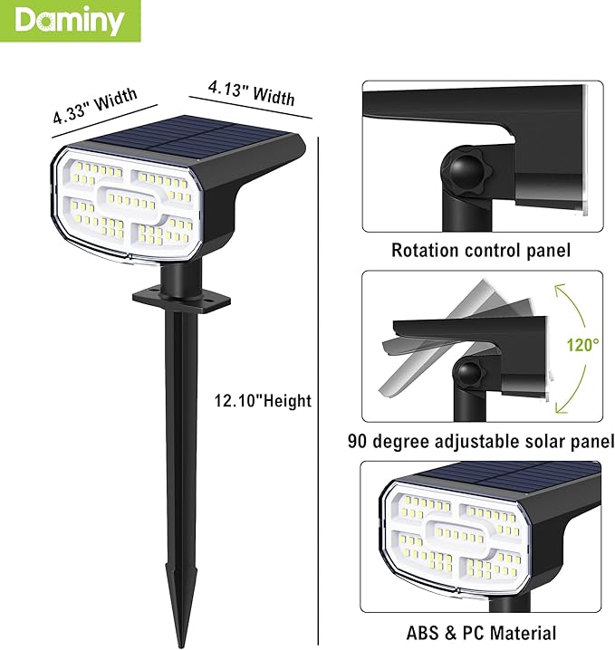 DAMINY Solar Spotlights Outdoor Waterproof IP65,2 CCT(Warm White & Cool White),4 Lighting Modes Solar spot Lights for Yard,Garden,Pathway,Landscape,Auto On/Off-2 Pack DAMINY
