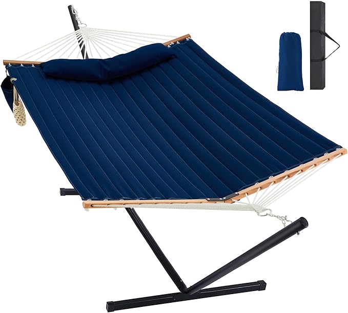 Two Person Hammock with Stand for Outside Heavy Duty, Outdoor Patio Hammock with Portable Steel Stand, Large Double Hammocks,480lbs Capacity.(Dark Blue) HomgavaLiveWhatYouLove