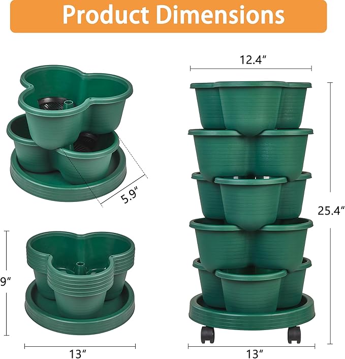 VECELO 5 Tier Vertical Garden Planter, Self Watering Stackable Planters with Wheels for Strawberries, Herbs, Flowers, Vegetables, Dark Green VECELO