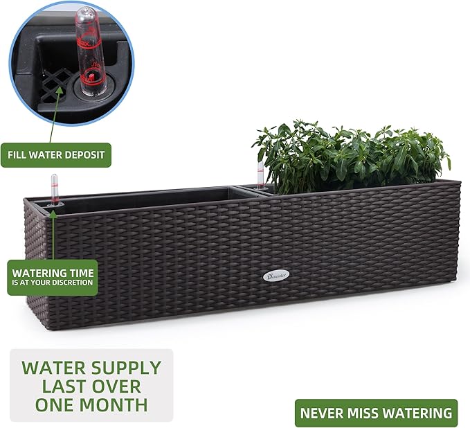 Dexceder 31.5 Inch Rattan Self Watering Planter Indoor Outdoor, Thickened Large Rail Flower Plant Pot Window Box with Water Level Indicators (Brown) Dexceder