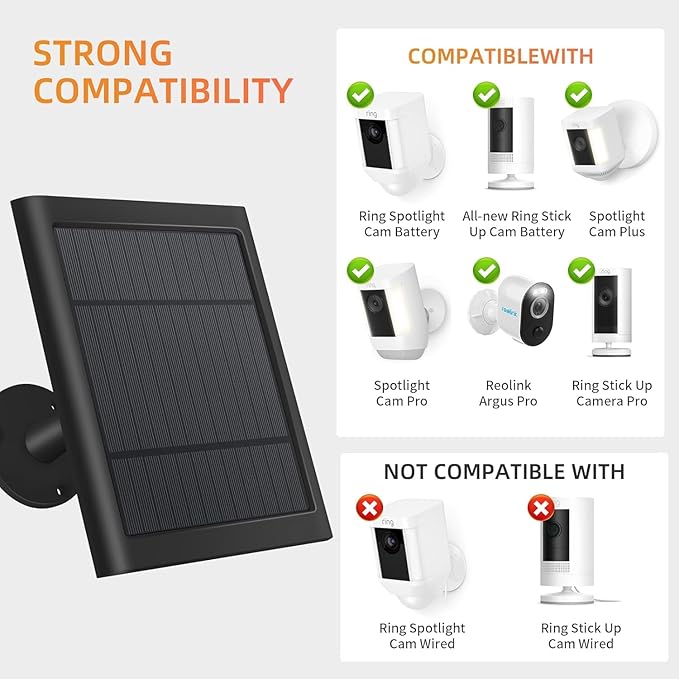 1 Pack 4W Solar Charger for Ring Spotlight & Stick Up Outdoor Cam, Black, High Efficiency, 10FT/3M Long Cable with USB-C to Ring Barrel Plug Paodekua
