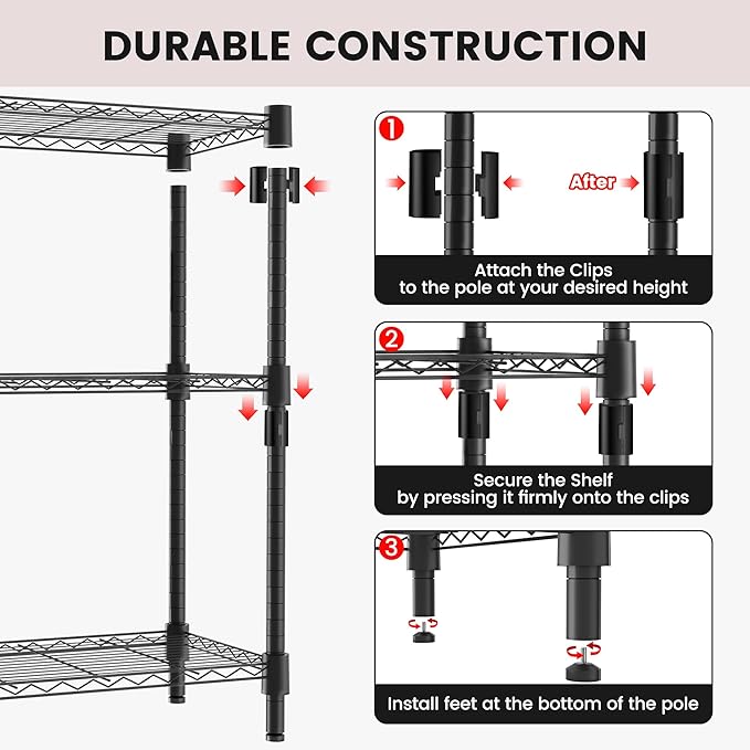 Xcity Storage Shelves, 3 Tier Heavy Duty Metal Shelving Unit with Wheels, 1050 LBS Capacity Adjustable Steel Wire Shelf Organizer for Pantry, Kitchen, Garage, 14" D x 24" W x 30" H, Black Rootora