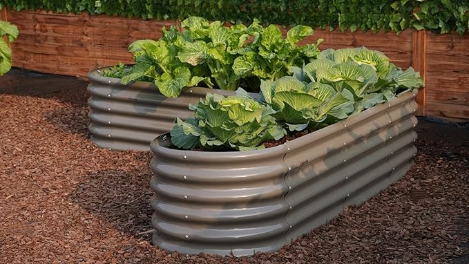 A ANLEOLIFE Set of 14, 18 Inch Tall Raised Garden Beds Kit, Heart-Shaped, Large Oval & Round Metal Planters – Ideal for Backyard Vegetables Flowers Herbs, Quartz Grey AAnleolife