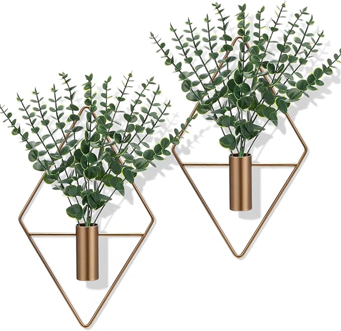 4 Pieces Bronze Wall Decor Hanging Planters with Artificial Plants Metal Hanging Vase Indoor Plants Holder Modern Boho Wall Art for Bathroom Bedroom Living Room Decor, Eucalyptus Canlierr