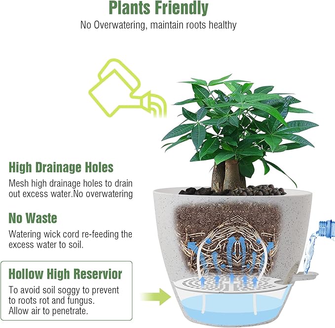 12inch 2Pack Large Self Watering Planters, Plastic Plant Pots with 60oZ Removable Deep Reservoir and Multi Mesh Drainage Holes for Indoor Outdoor Garden Plants and Flowers, White Speckles UOUZ