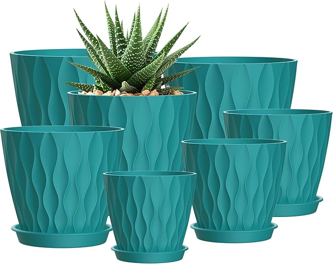 4/4.5/5/5.5/6/6.5/7 Inch Plant Pots,7 Pack Flower Pots with Drainage Holes and Trays,Plastic Planters for Indoor Outdoor Plants Growth,Green SQKH
