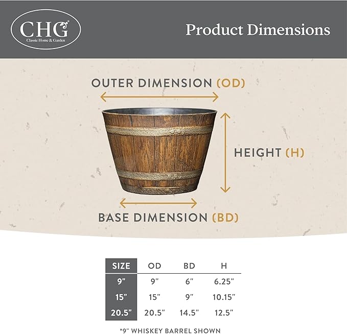 Classic Home and Garden Outdoor Round Whiskey Resin Flower Pot Barrel Planter, Kentucky Walnut Brown, 9" (Pack of 4) ClassicHomeandGarden