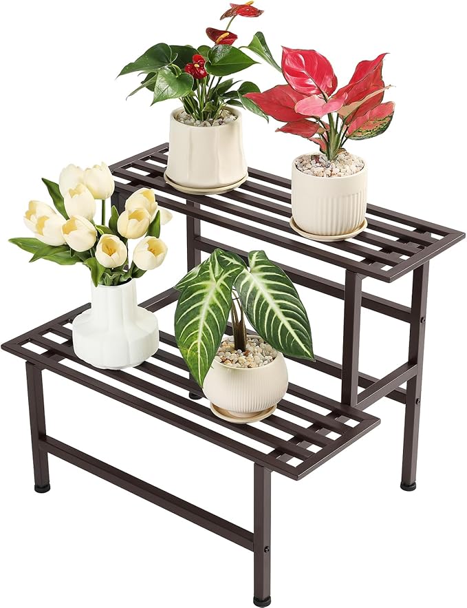 Metal Plant Stand Outdoor Plant Shelf Indoor,2 Tier Heavy Duty Ladder Plant Stands for Multiple Plants,26" L x 20.25" H x 17.75" W,Coffee Dipion