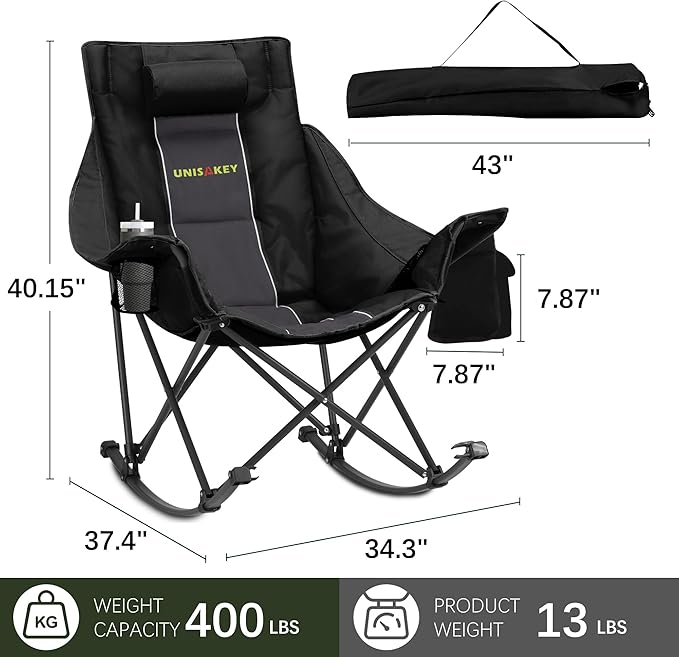 Oversized Rocking Camping Chair with Headrest & Cup Holder - 400lbs Capacity, 600D Oxford Fabric, Easy Fold Portable Outdoor Rocker Chair for Camping, Backyard, Beach, Deep Gray Rootora
