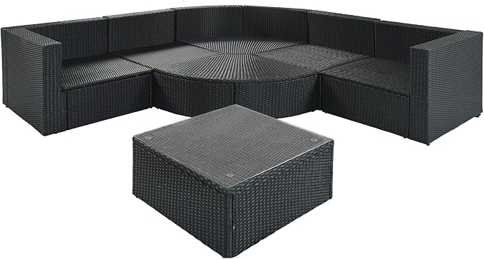 Merax 7-Piece Outdoor Wicker Sectional Sofa Set,Modular Rattan Conversation Set with Gray Cushions,Striped Green Pillows & Tempered Glass Coffee Table for Patio,Garden,Deck,Black Merax