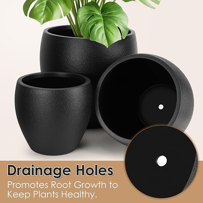 Plant Pots 17.5/14.8/12.2 inch Set of 3, Flower Pots with Drainage Holes, Large Planters for Indoor Outdoor Garden Plants and Flowers. (Black) AFamilyofGardenLovers