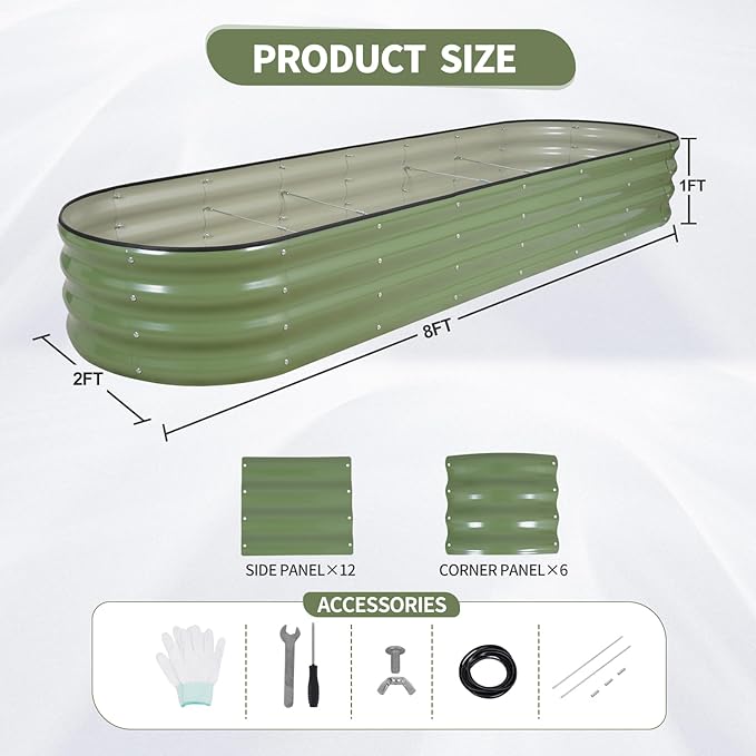 Galvanized Raised Garden Bed - 8x2x1FT Metal Planter Boxes Outdoor | Oval Steel Raised Bed Kit for Gardening with Protective Tape, Bracing Rods, Gloves for Vegetables, Flower, Herb (Green) Permade