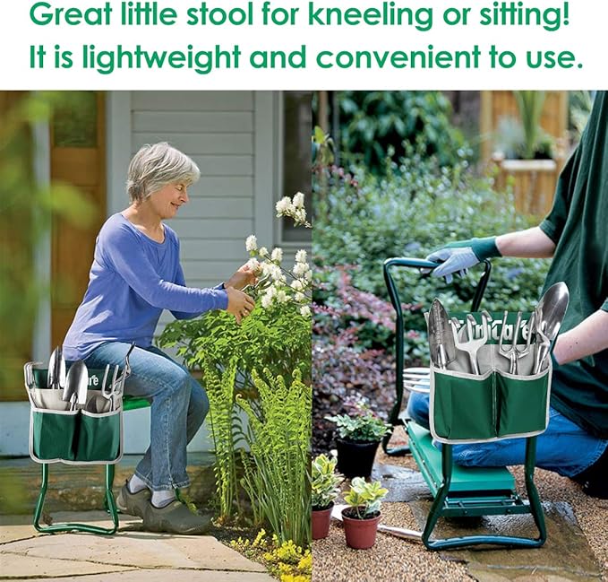 TomCare Upgraded Garden Kneeler Seat Widen Soft Kneeling Pad Garden Stools Garden Bench with 2 Large Tool Pouches Outdoor Foldable Gardening Gifts for Women Men Gardeners, Green TomCare