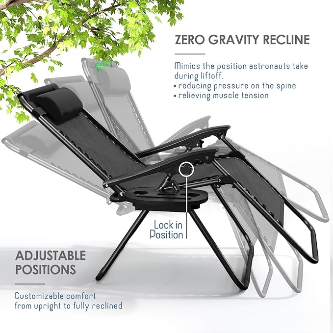 Nestl Zero Gravity Chairs Set of 4, Patio Lounge Chair Outdoor with Pillows & Cup Holder Trays, Adjustable Steel Mesh Reclining Camping Chair, Folding Patio Lawn Chair for Deck, Beach, Yard - Black Nestl