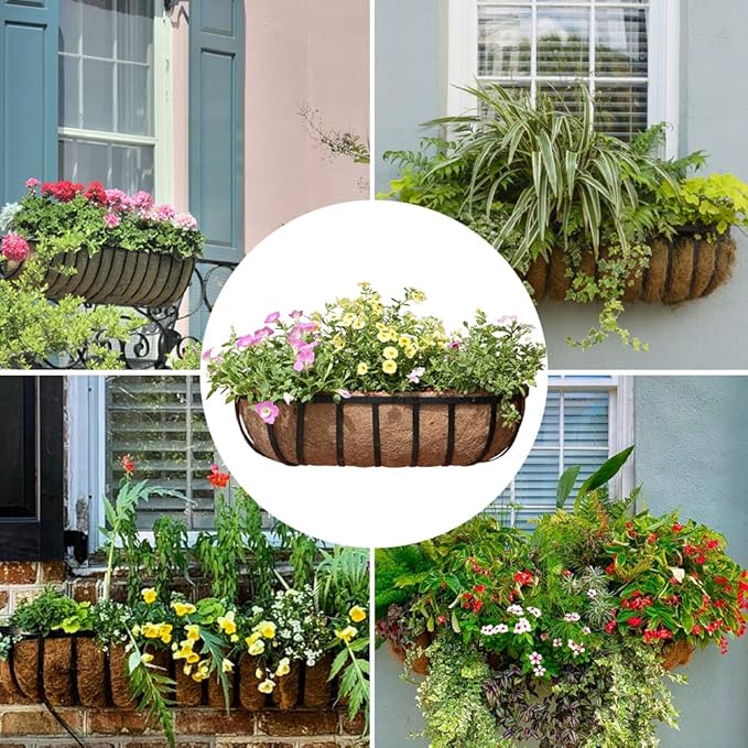 2 Pack Trough Coco Liner Fiber Replacement for Planters, 24/30/36/48 inch Half Moon Coconut Coir Planter for Window Box/Hanging Trough Planter, Garden Flower Vegetables Pot, Fence Flower Baskets EROCK