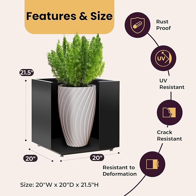 Large Metal Outdoor Planter Box 20Wx20Dx21.5H, Galvanized Steel Cube Planters for Outdoor Plants, Easy Assembly - 5mins Quick Install, Large Square Flower Pot for Patio, Deck, Garden, Yard, Black Foresland-MetalPlanter