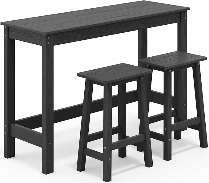 SERWALL 3-Piece Outdoor Bar Set, Rectangular All Weather HDPE Bar Height Patio Set, Outdoor High Top Table and Stools for for Outside, Poolside, Backyard, Garden, Black SERWALL