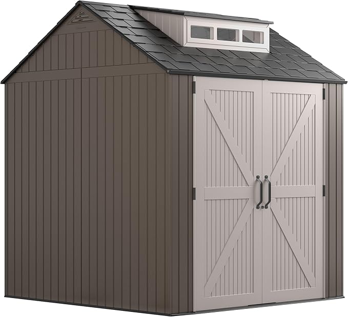 Rubbermaid Large Resin Outdoor Storage Shed With Floor (7 x 7 Ft.), Weather Resistant, Brown, Organization for Home/Lawn Mower/Backyard Equipment/Bike Storage/Pool Supplies Rubbermaid