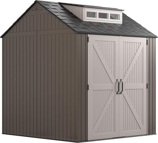 Rubbermaid Large Resin Outdoor Storage Shed With Floor (7 x 7 Ft.), Weather Resistant, Brown, Organization for Home/Lawn Mower/Backyard Equipment/Bike Storage/Pool Supplies Rubbermaid