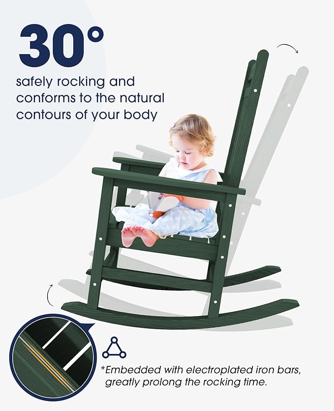 KINGYES Oversized Outdoor Rocking Chair Set of 2, All-Weather Patio Rocking Chairs for Porch, HDPE Outdoor Patio Rockers with High Back & Wide Seat for Garden, Lawn, Green KINGYES