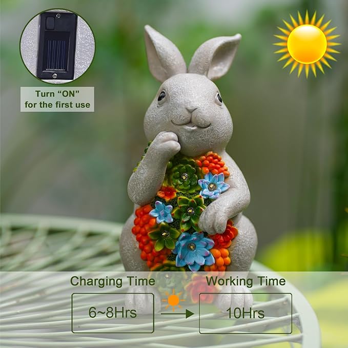 Nacome Solar Garden Outdoor Statues Bunny with Succulent and 7 LED Lights – Lawn Decor for Patio, Balcony, Yard Ornament - Chrismtas Gifts for Mom Grandma Nacome