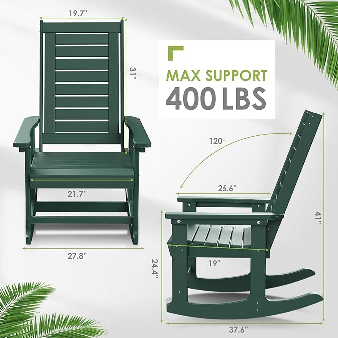 GREENVINES Outdoor Rocking Chair Set | 3-Piece | 2 Rocking Chairs with 1 Side Table | Porch Rocker | HDPE Plastic | Forest | Patio Furniture Sets | High Back | Big & Tall | Ladder Back GreenVines