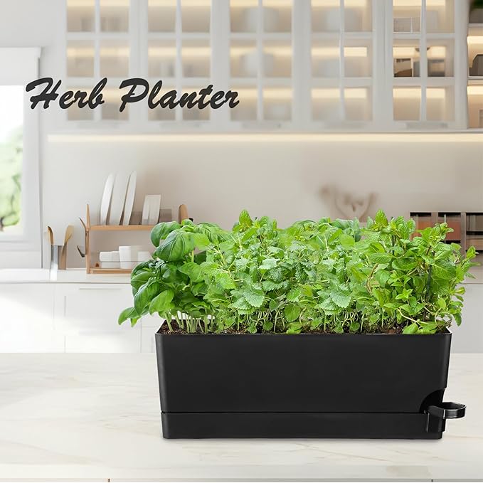 Self Watering Pots for Indoor Plants 17 Inches Window Boxes Planters Rectangular Flower Pots Rectangle Herb Pots Large Plant Pots with Drainage Holes and Saucers Windowsill Planter (4, Black) KvyusFlourish