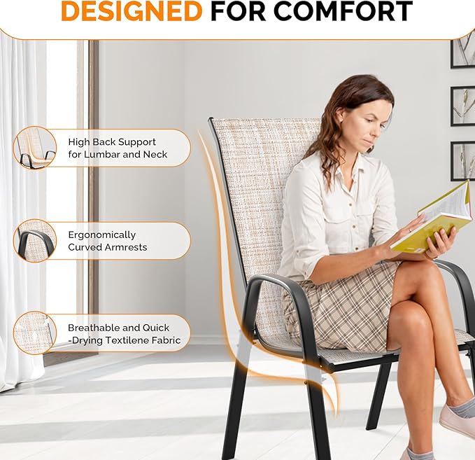 VINGLI Patio Chairs Set of 2 – Stackable Outdoor Dining Chairs with Comfortable Sling High Back Chairs and Armrests for Lawn, Poolside, Courtyard, Balcony, Garden, Yellow VINGLI