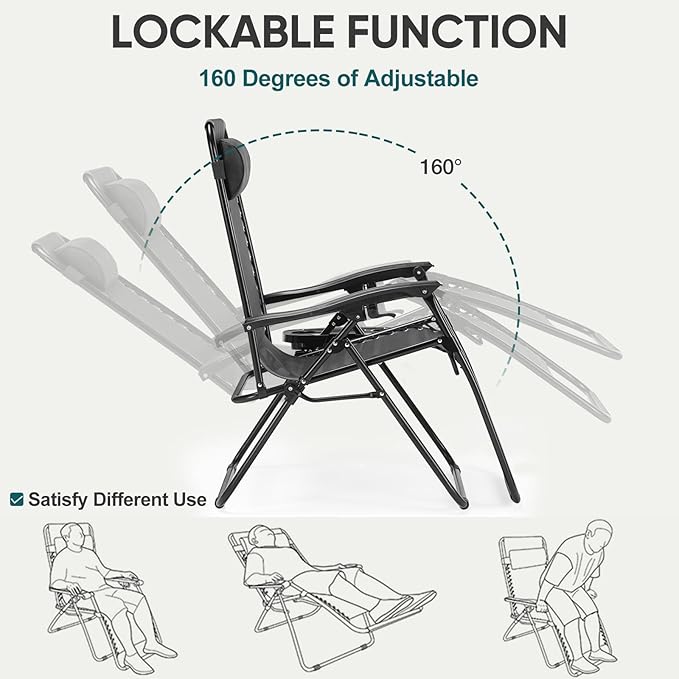 NEWBULIG Zero Gravity Chair Set of 4, Lounge Chair Folding Portable Adjustable Camping Reclining Chairs with Adjustable Pollow, Mesh Back, Cup Holder Trays Lawn Patio Chair for Pool Beach - Black NEWBULIG