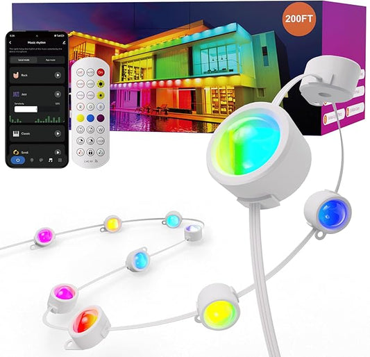 Fitop Permanent Outdoor Lights, 200FT RGB Smart LED Eaves Light, IP67 Waterproof Outdoor Strip Lights, 16 Million Colors, Extendable, App/Remote Control, Music Sync Fitop