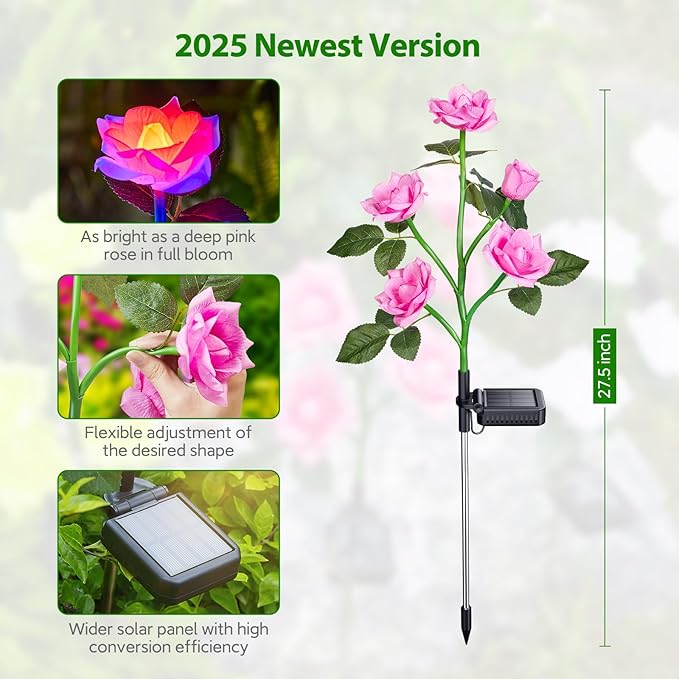 RECHOO Solar Garden Lights Outdoor Decorative, 3 Pack Solar Flower Lights with 15 Rose Flowers, Multi-Color Changing LED Waterproof Garden Decor for Landscape Pathway, Mother's Day Gifts for Women RECHOO