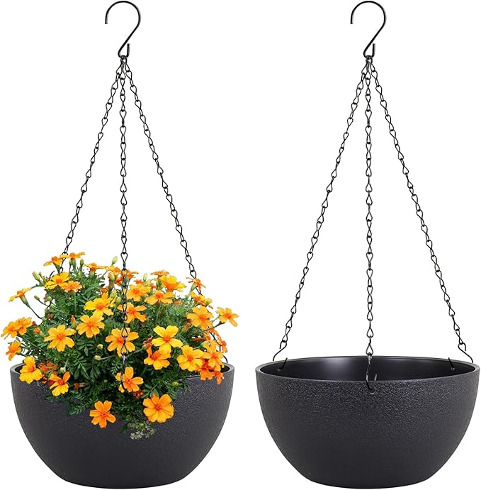 8 inch Small Hanging Planters Plant Pots for Indoor Outdoor Plants, 2 Pack Hanging Flower Pots with Drainage Holes and Chain for Garden Porch, Plastic Hanging Baskets for House Plants, Black Meowell