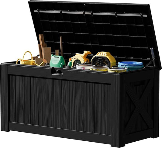JUMMICO 120 Gallon Resin Deck Box, Large Outdoor Storage Box Waterproof & Lockable for Garden, Patio, Pools (Black) JUMMICO