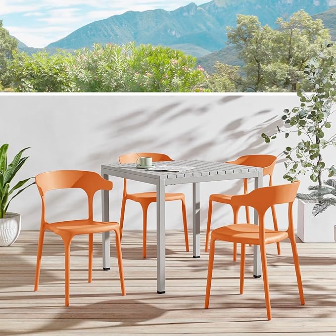 Modern Stackable Dining Chair Set, No Assembly, Plastic Chair, Patio Chair, Suitable for Indoor and Outdoor Cafes and Restaurants, Set of 4 (Orange) XDECO